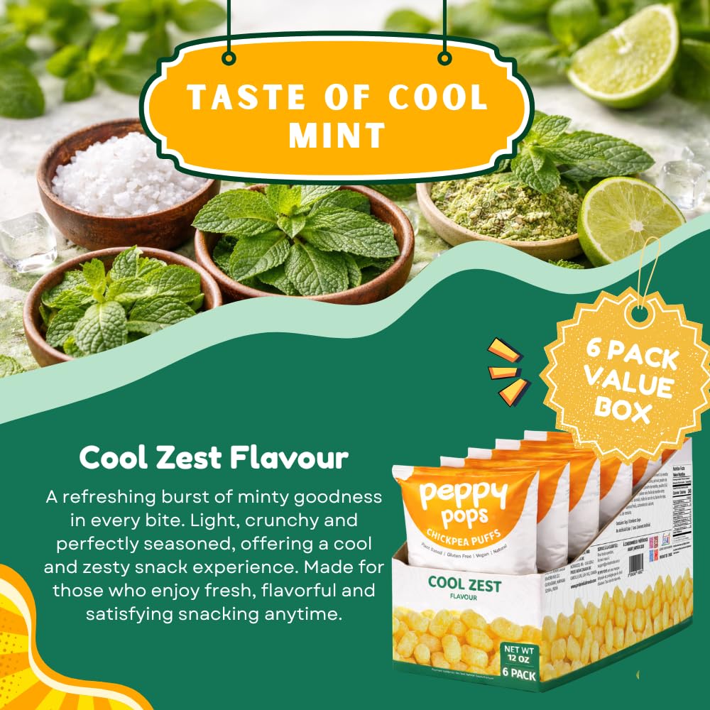 Six pack of Peppy Pops chickpea puffs in cool zest mint flavor snack bags — view 4