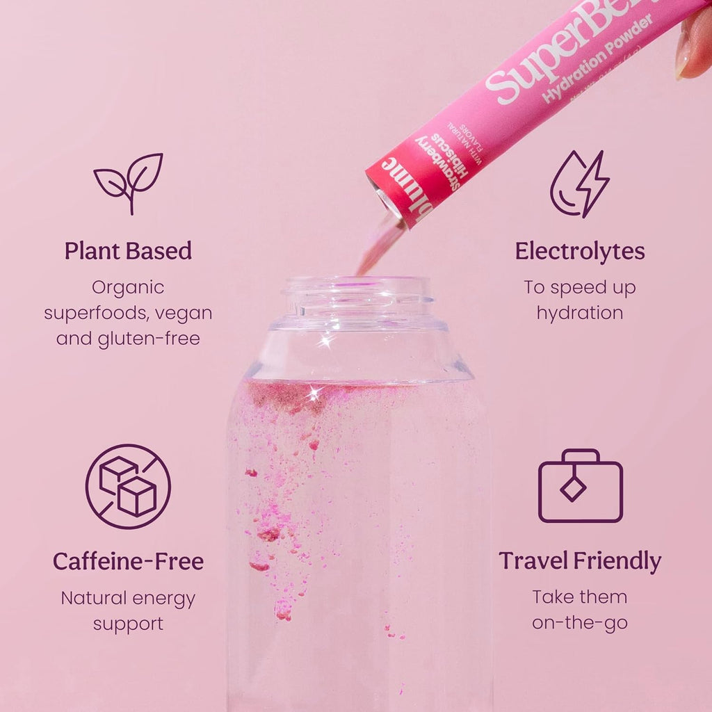 Blume Strawberry Hibiscus SuperBelly hydration packets, fifteen sticks of electrolyte drink mix. — view 2
