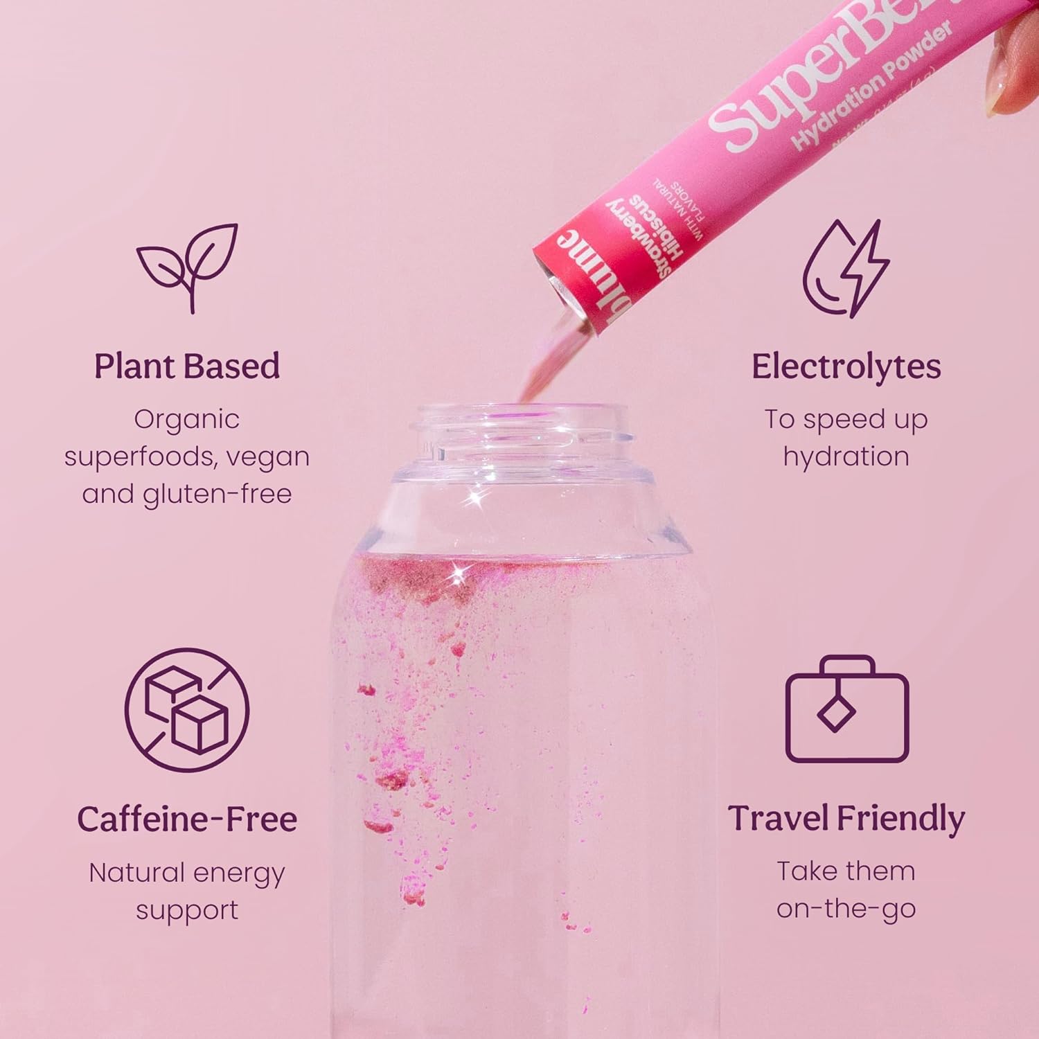 Blume Strawberry Hibiscus SuperBelly hydration packets, fifteen sticks of electrolyte drink mix. — view 2