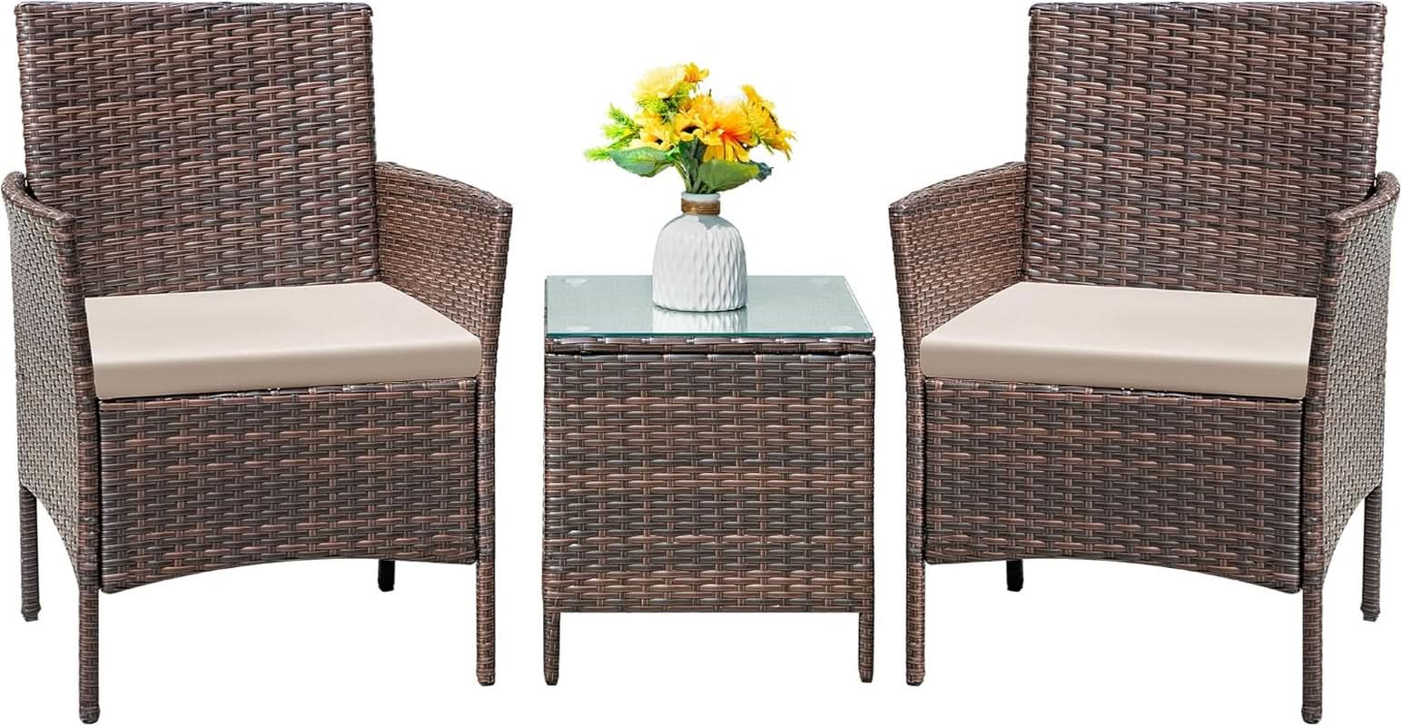 Three piece brown rattan outdoor patio set with two cushioned chairs and a tempered glass table — view 2