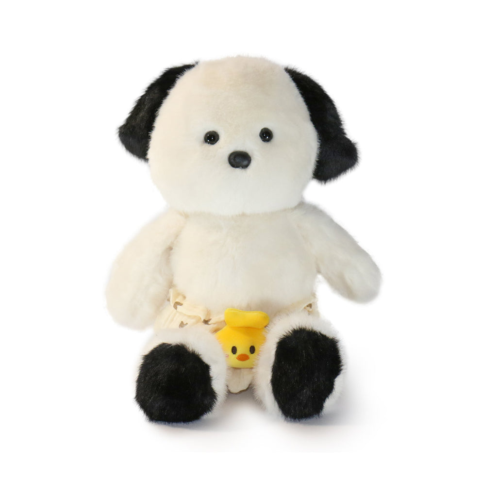 Lil Baby Dog plush toy wearing cozy shorts with a tiny baby bird peeking out