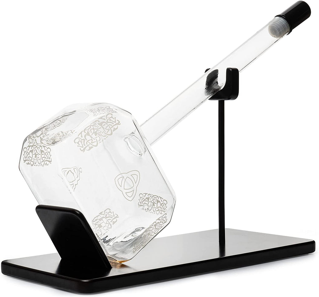 Clear hand-blown borosilicate glass Thor's hammer whiskey decanter for serving premium spirits at home. — view 5