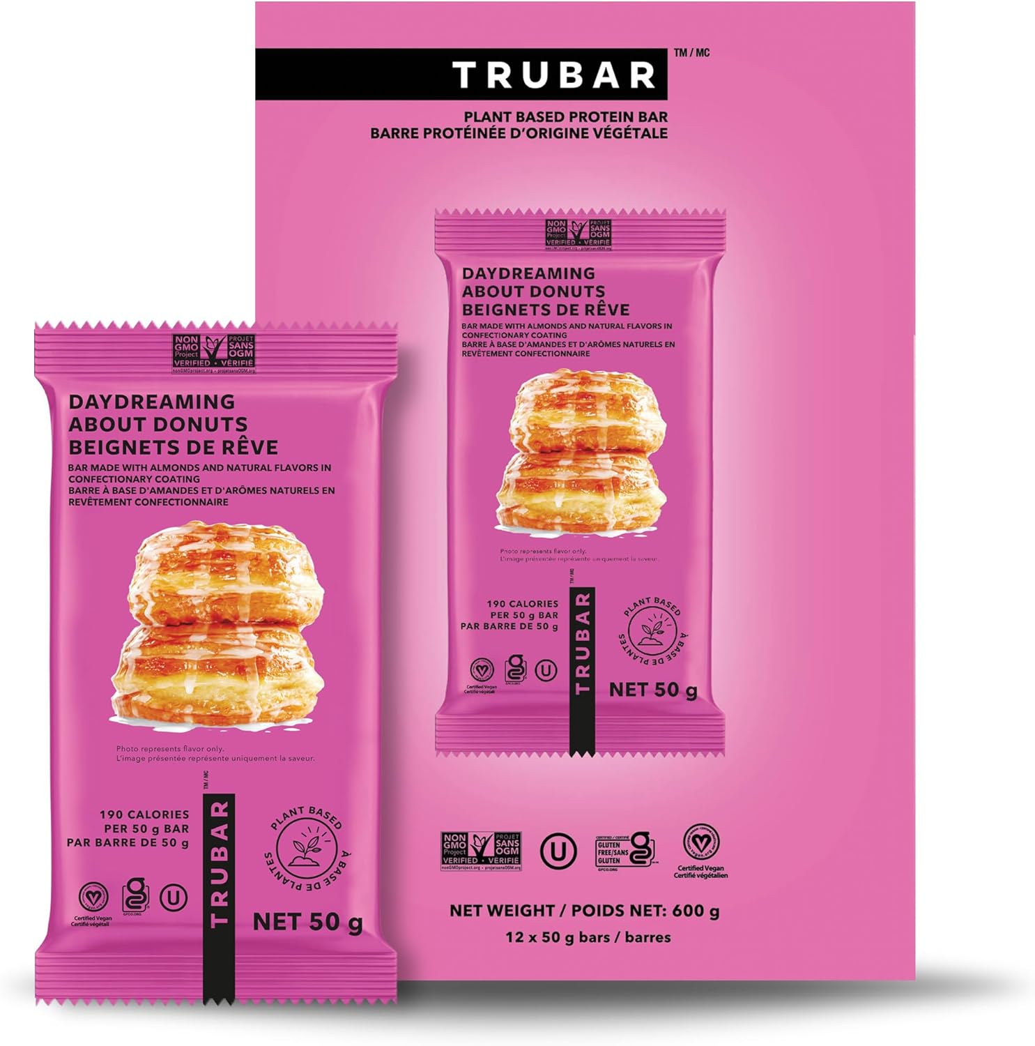 12-pack of Trubar vegan protein bars in donut flavor with colorful wrapper packaging