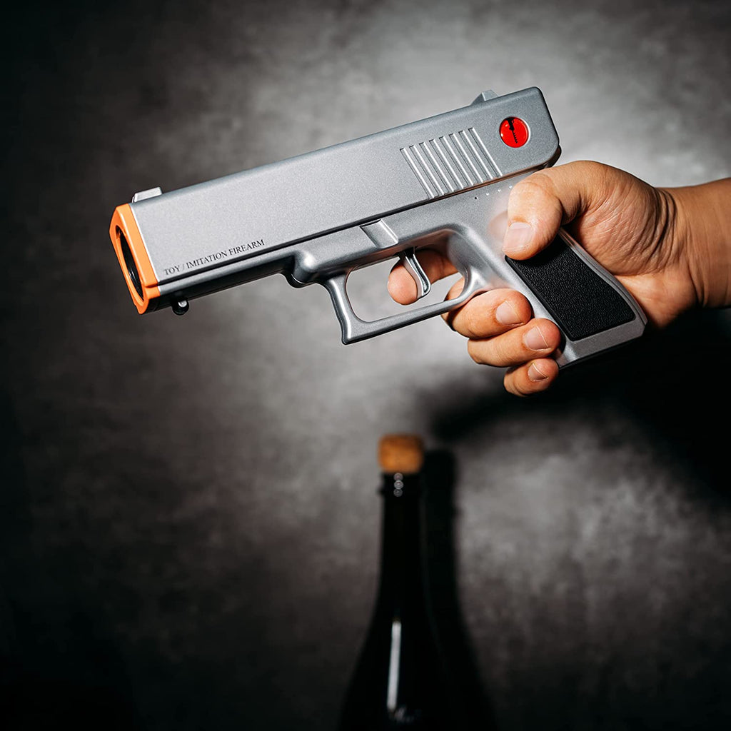 Silver electric pistol wine bottle opener in rechargeable holster dock base — view 5