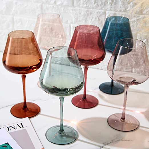 Six pastel colored crystal 20oz wine glasses featuring elegant stems in various muted tones — view 2