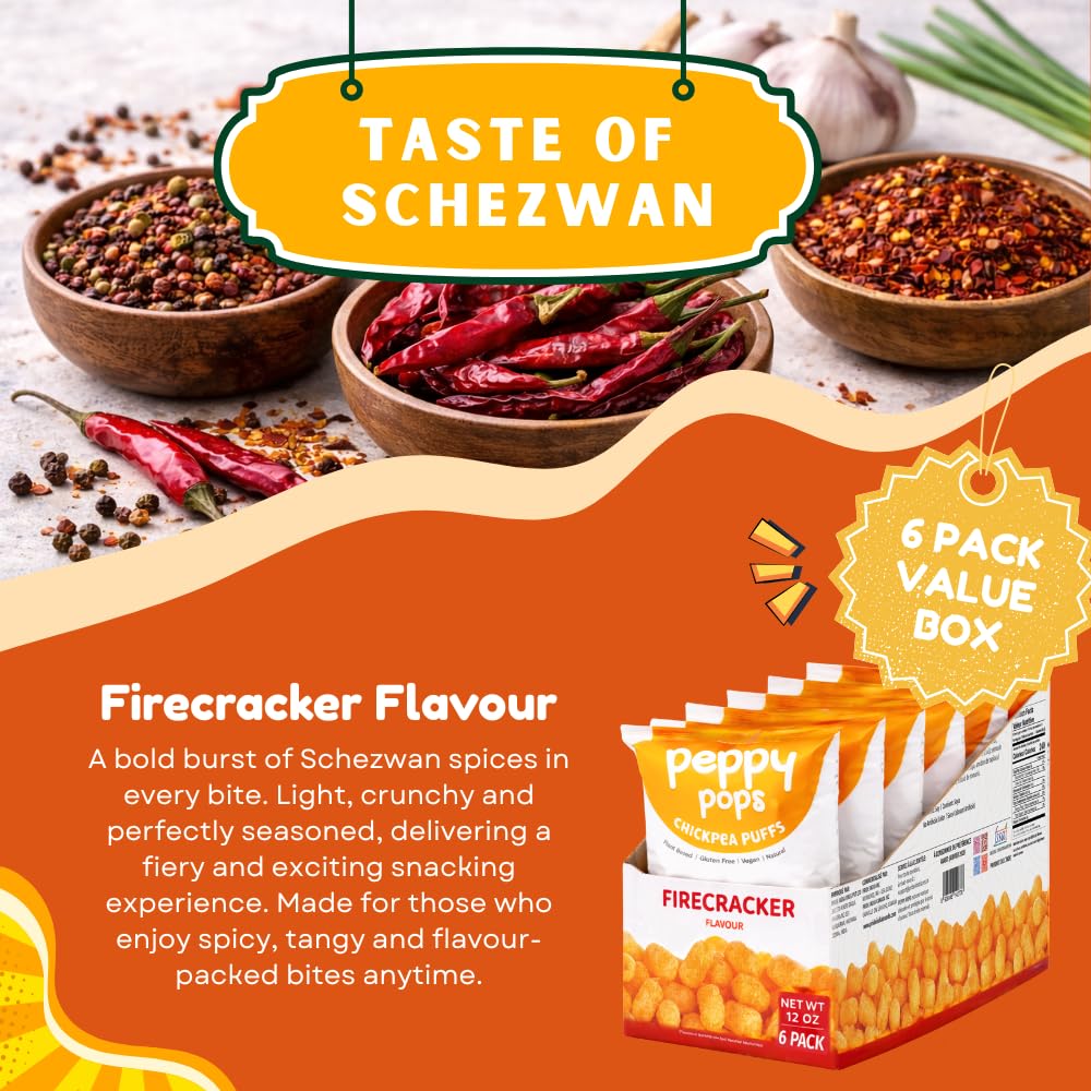 Peppy Pops chickpea puffs in firecracker flavor, six individual bags of spicy high protein savory snacks — view 4