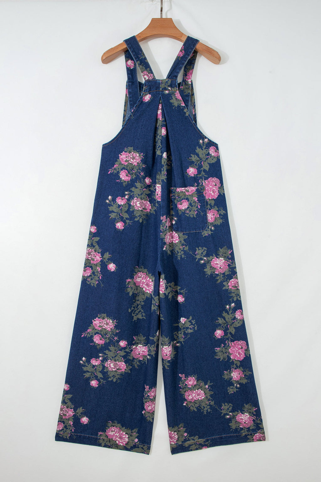 Akira waist wide leg jumpsuit in blue vintage washed denim with adjustable buttoned shoulder straps — view 5