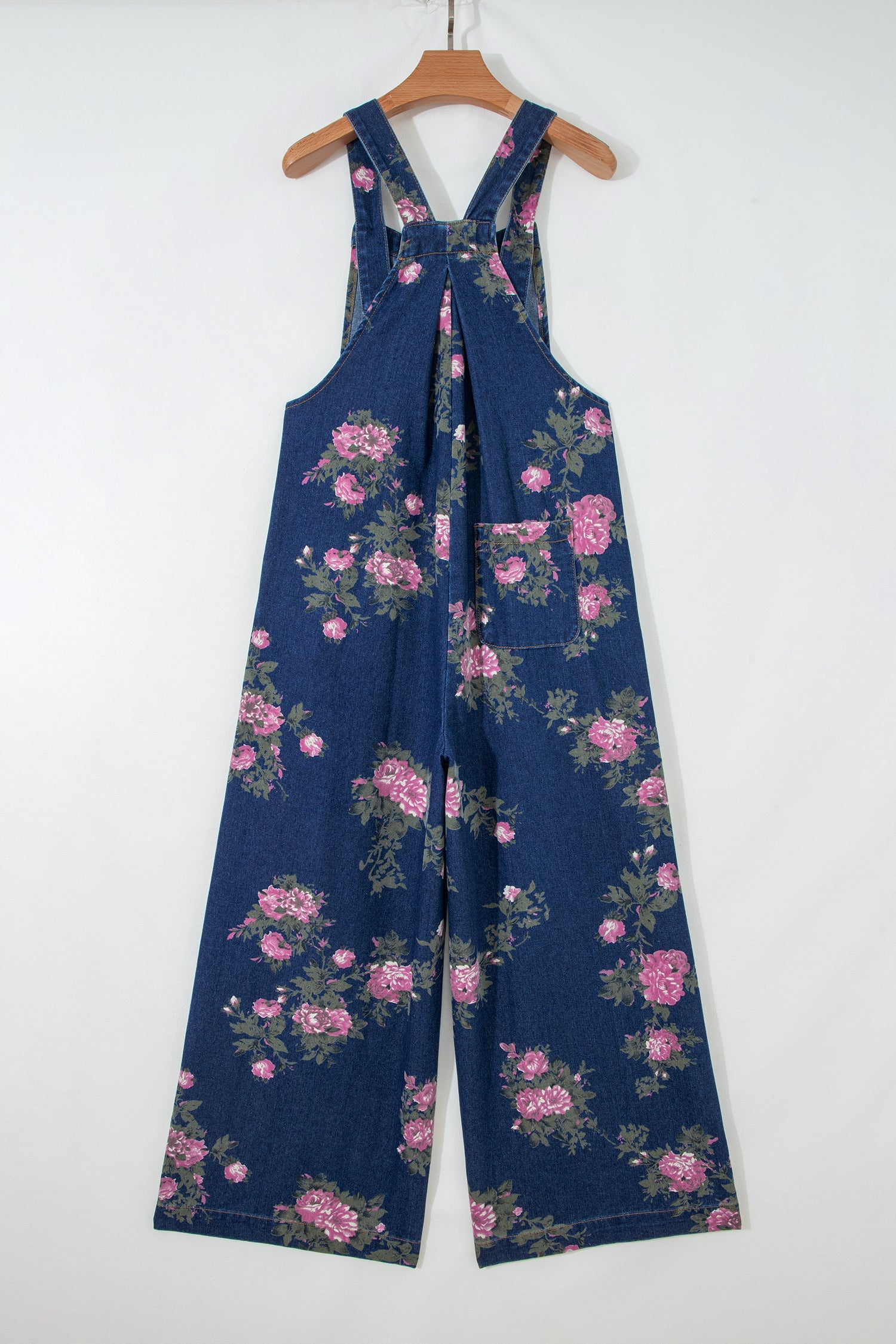 Akira waist wide leg jumpsuit in blue vintage washed denim with adjustable buttoned shoulder straps — view 5