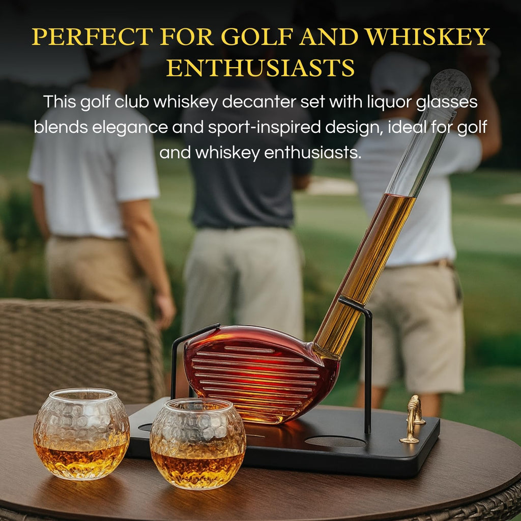 Crystal clear glass golf club shaped whiskey decanter set with two matching liquor tasting glasses — view 3