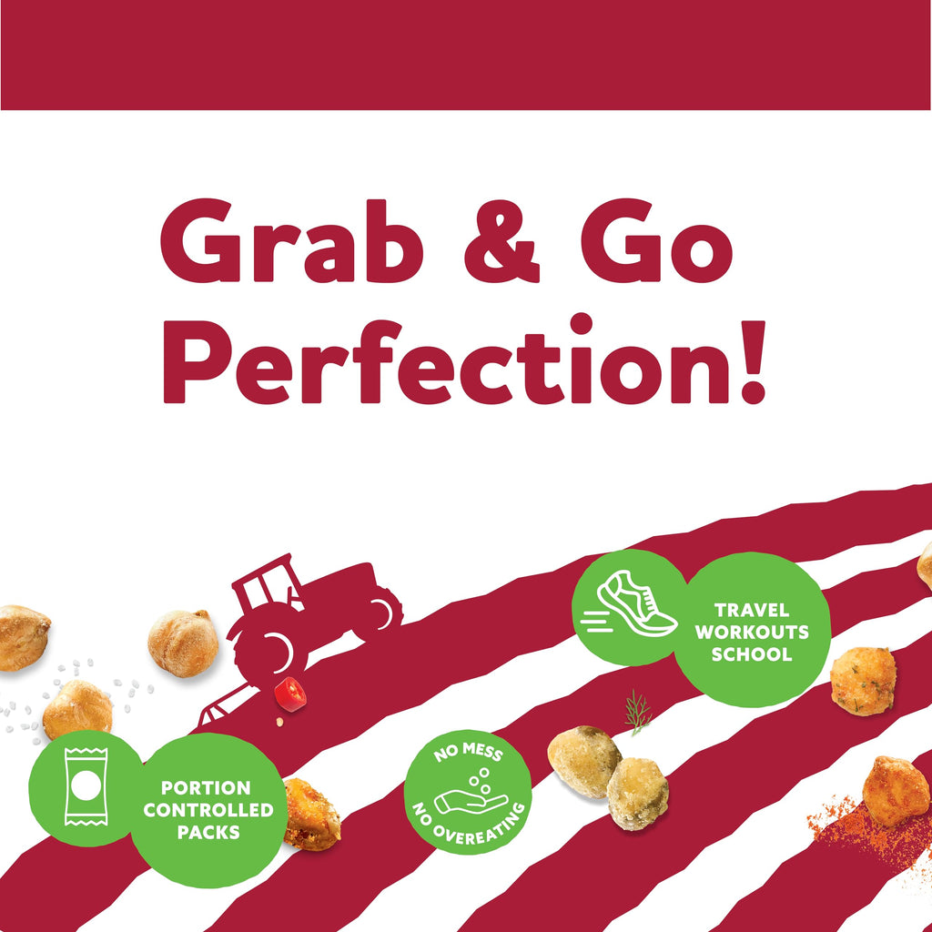 Healthy variety snack packs of roasted chickpeas and fava beans in colorful individual wrapping. — view 5