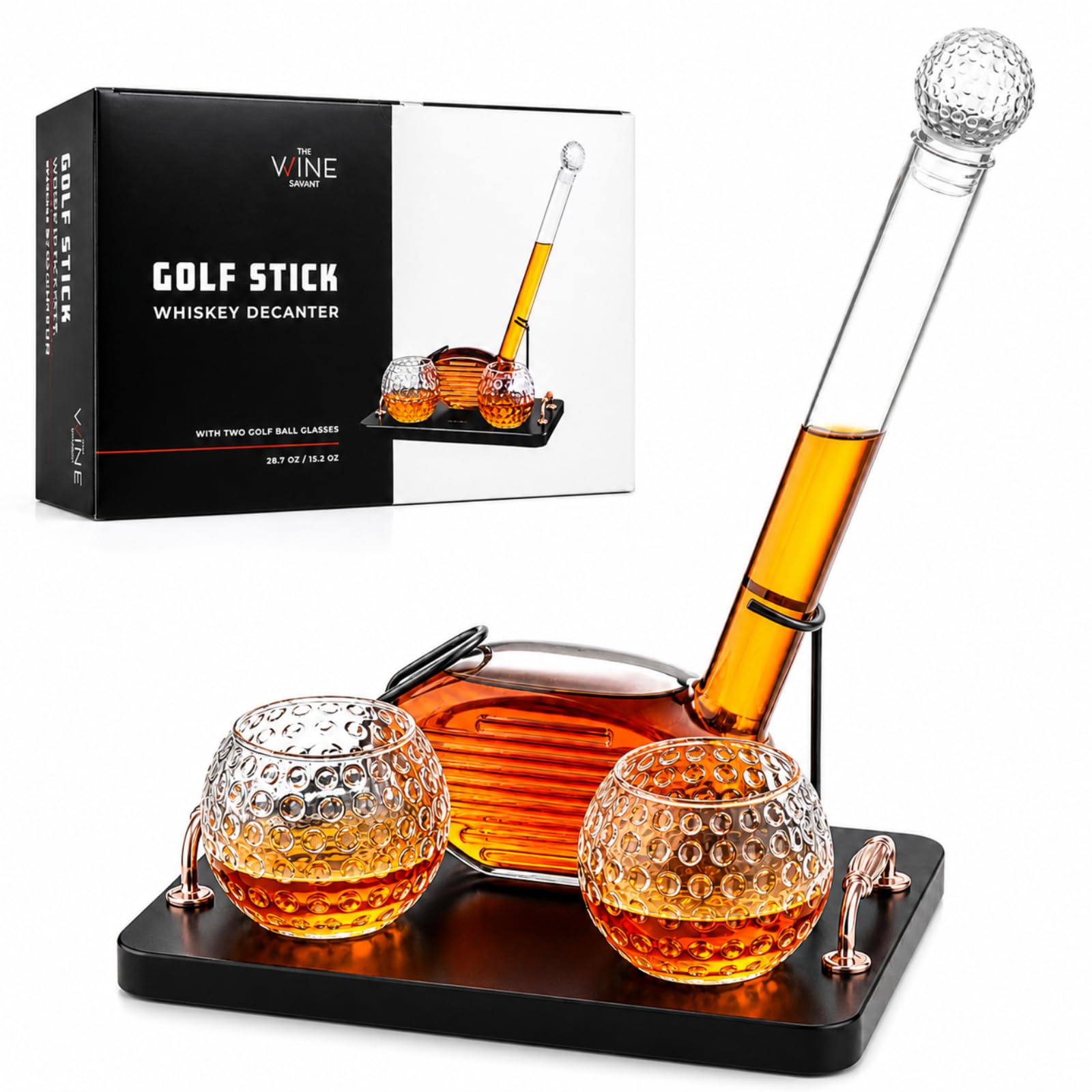 Crystal clear glass golf club shaped whiskey decanter set with two matching liquor tasting glasses