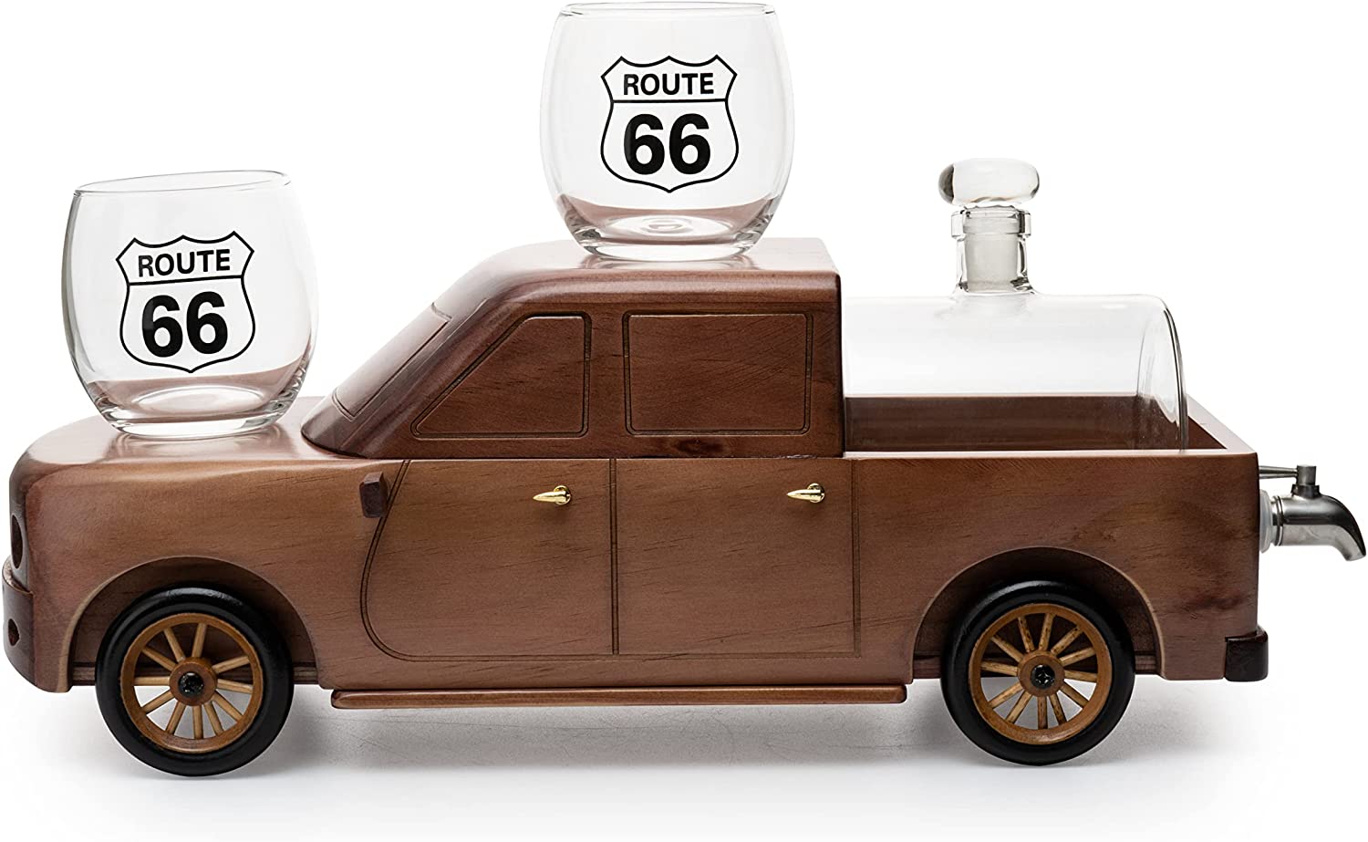 500ml glass barrel whiskey decanter resting in a wooden pickup truck display with two clear glasses — view 4