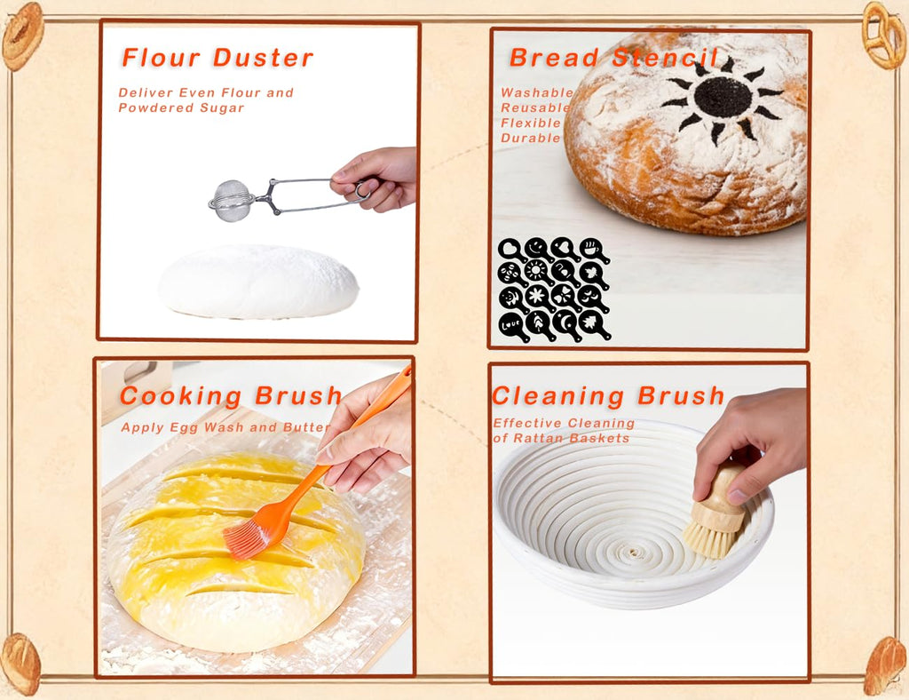 Complete sourdough baking kit with rattan proofing baskets starter jar whisk and tools and scoring and starter jar — view 4