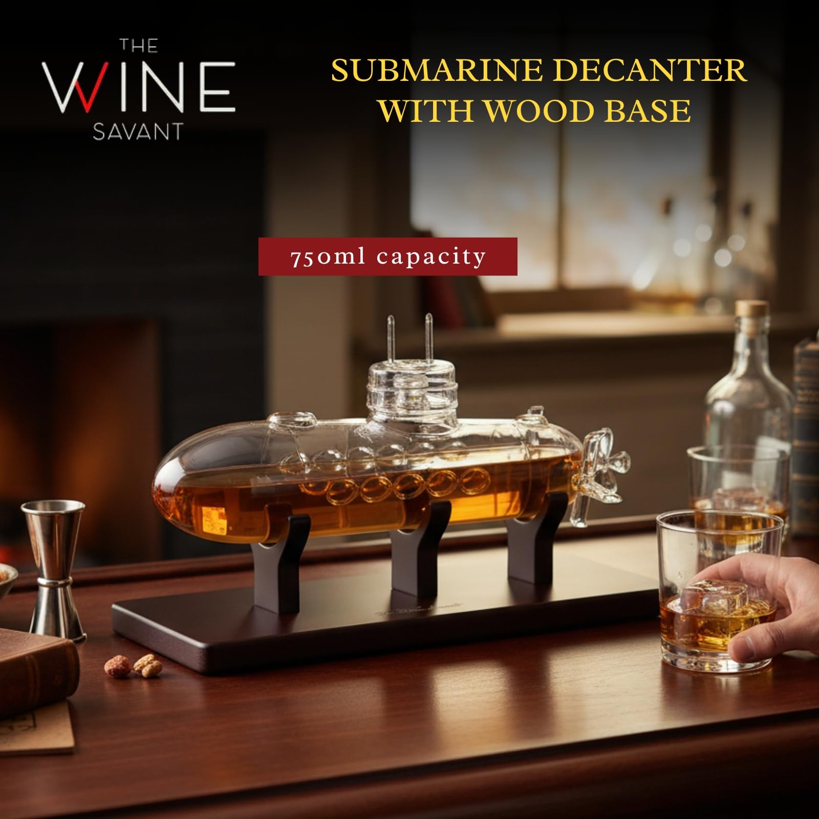 Submarine shaped whiskey decanter made of borosilicate crystal glass on a smooth wooden base. — view 2