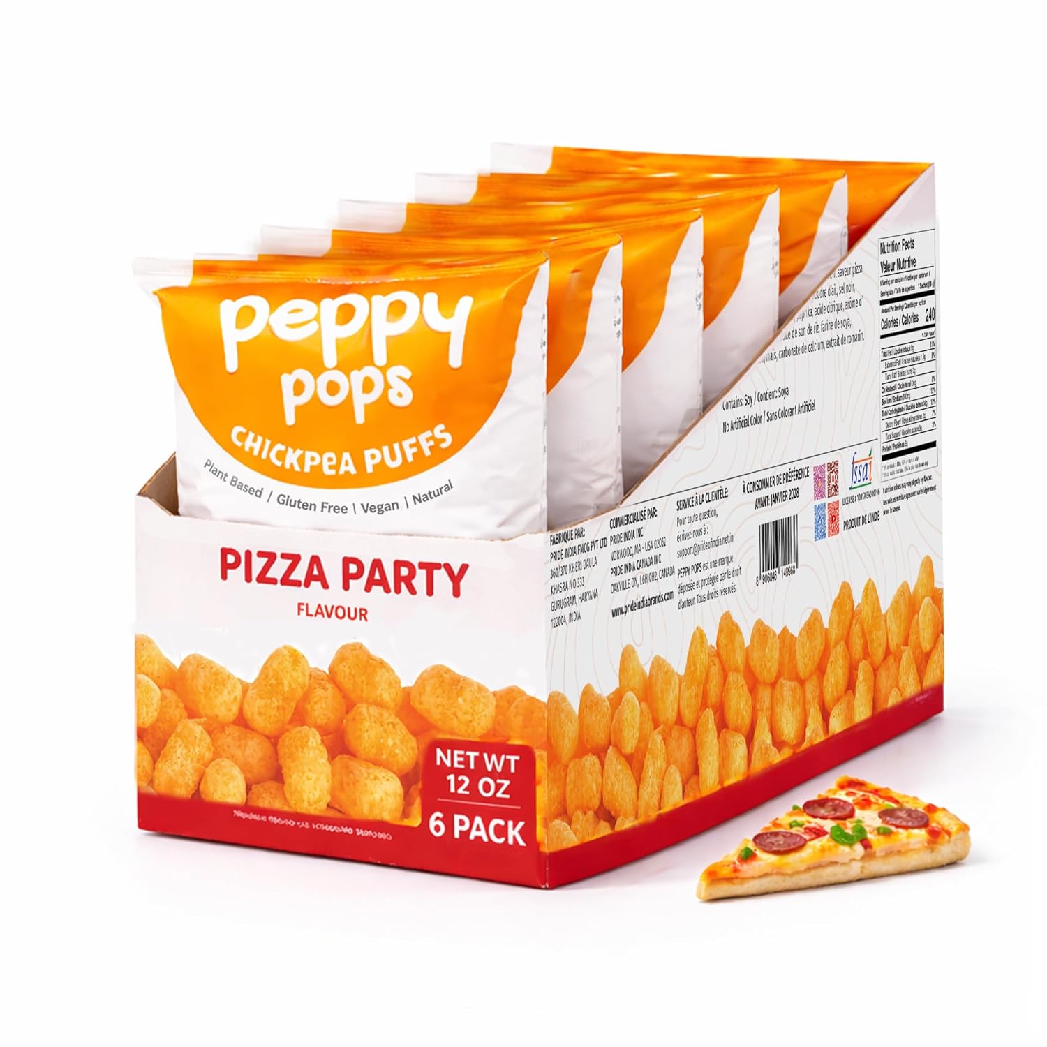 Six pack of Peppy Pops pizza flavor high protein chickpea puffs in 2 oz bags