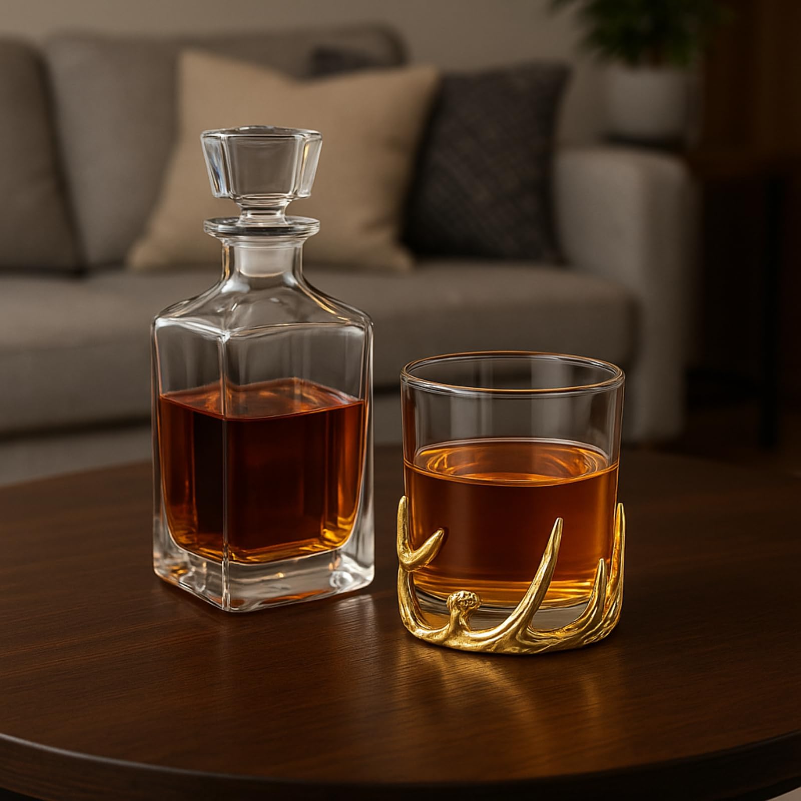 Clear double old fashioned whiskey glass resting on an intricate gold antler style base — view 5