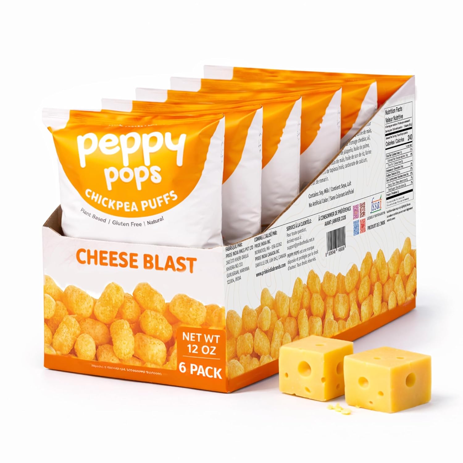 Peppy Pops Cheese Blast chickpea puffs six pack of two ounce bags in vibrant packaging