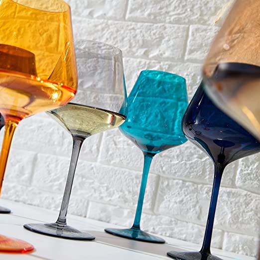 Six jewel colored 20oz stemmed wine glasses in butterscotch teal amethyst amber rose and blue — view 3