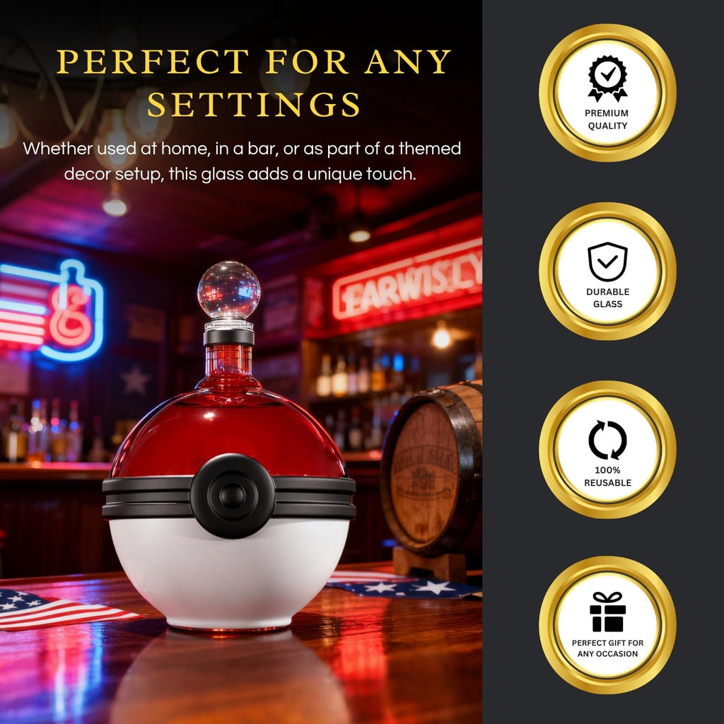 Monster trainer capture sphere whiskey decanter, red and white spherical borosilicate glass liquor bottle — view 4
