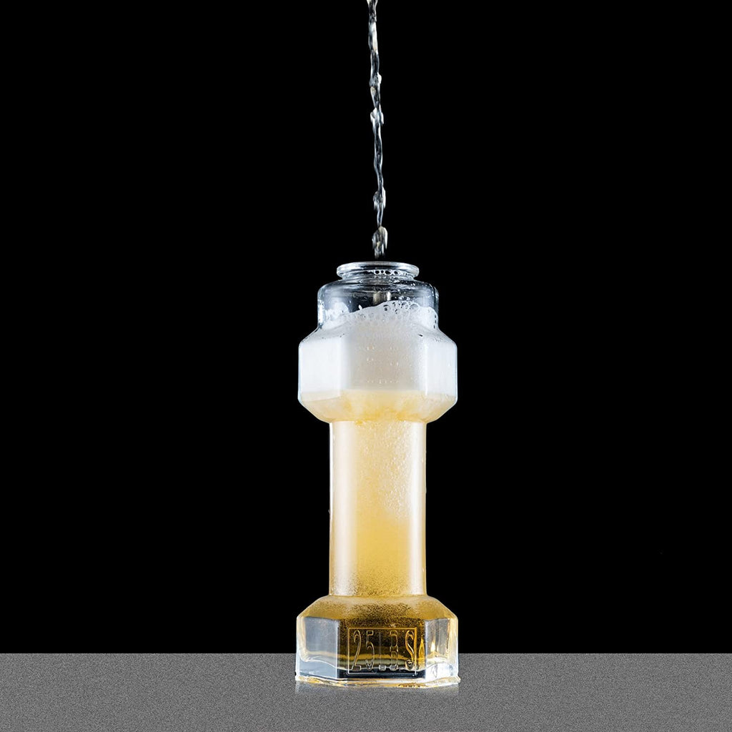 Set of four clear hollow glass dumbbell shaped novelty whiskey and beer drinking glasses — view 5