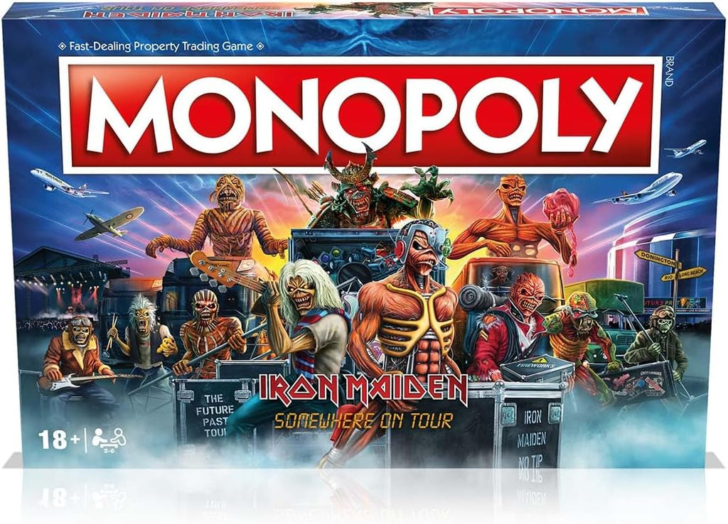 Monopoly Iron Maiden Edition board game with custom tokens, cards, and heavy metal artwork