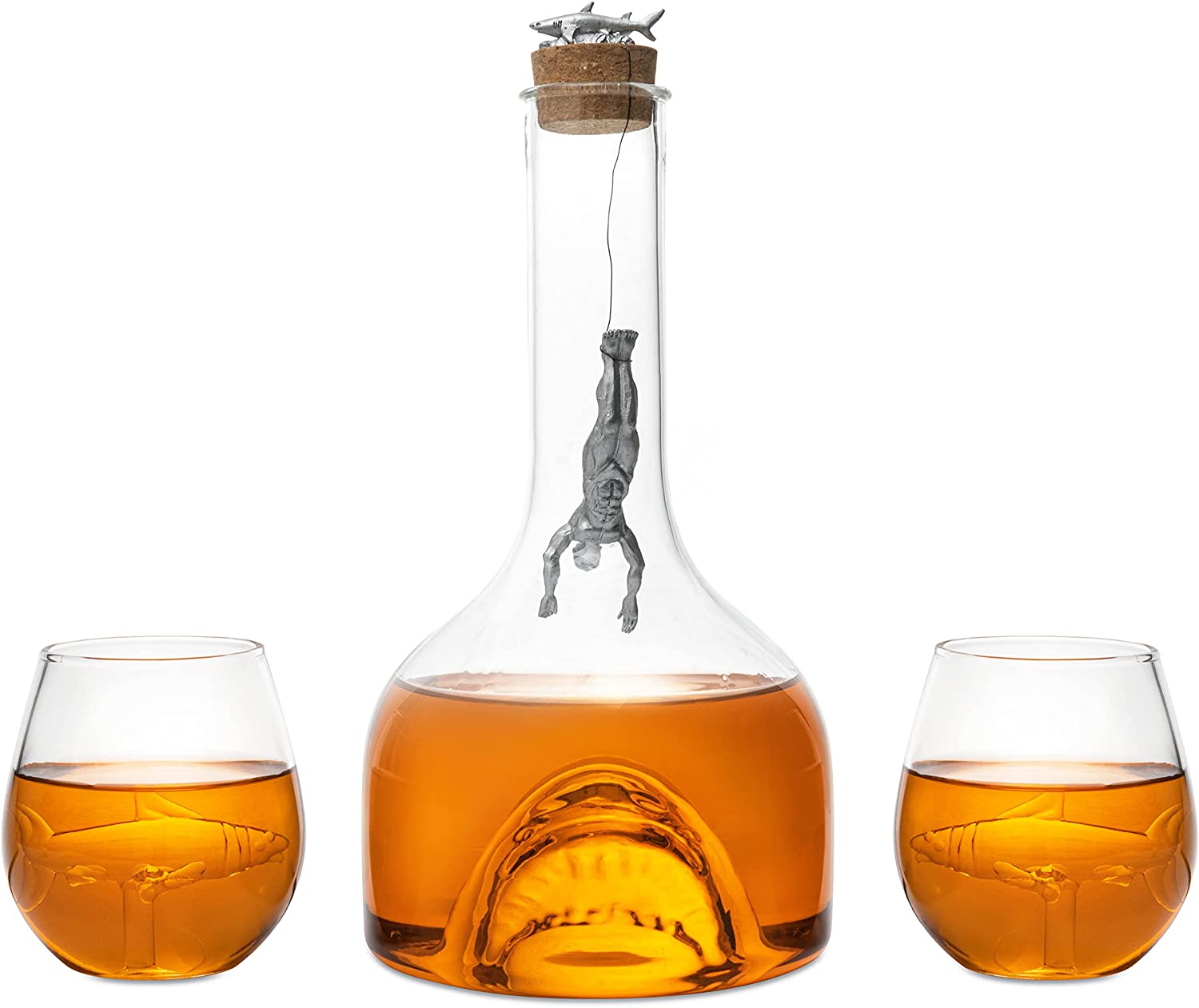 Clear 1000ml shark whiskey decanter set with two rocks glasses and hand-blown internal glass shark sculpture — view 5