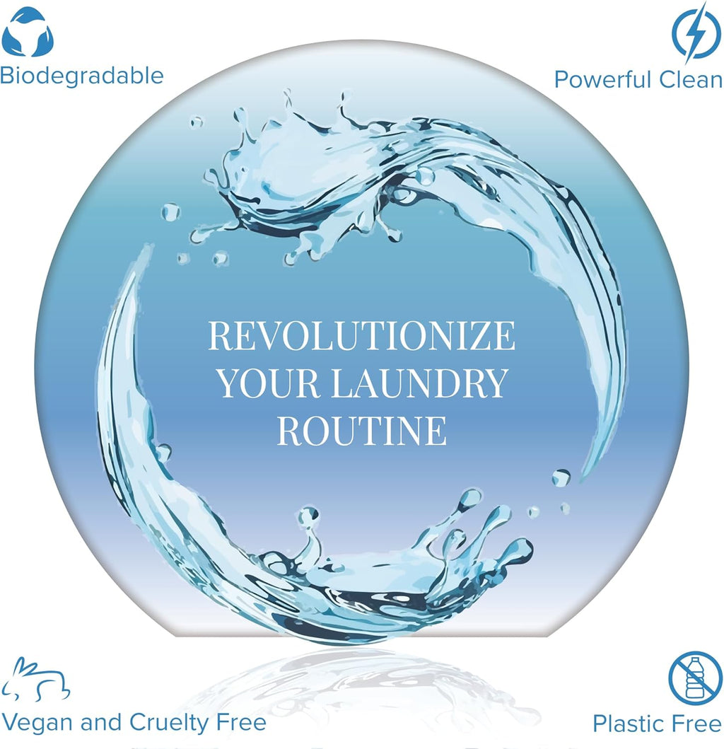 Natural eco friendly laundry detergent sheets in fresh linen scent arranged next to clean folded clothes — view 4