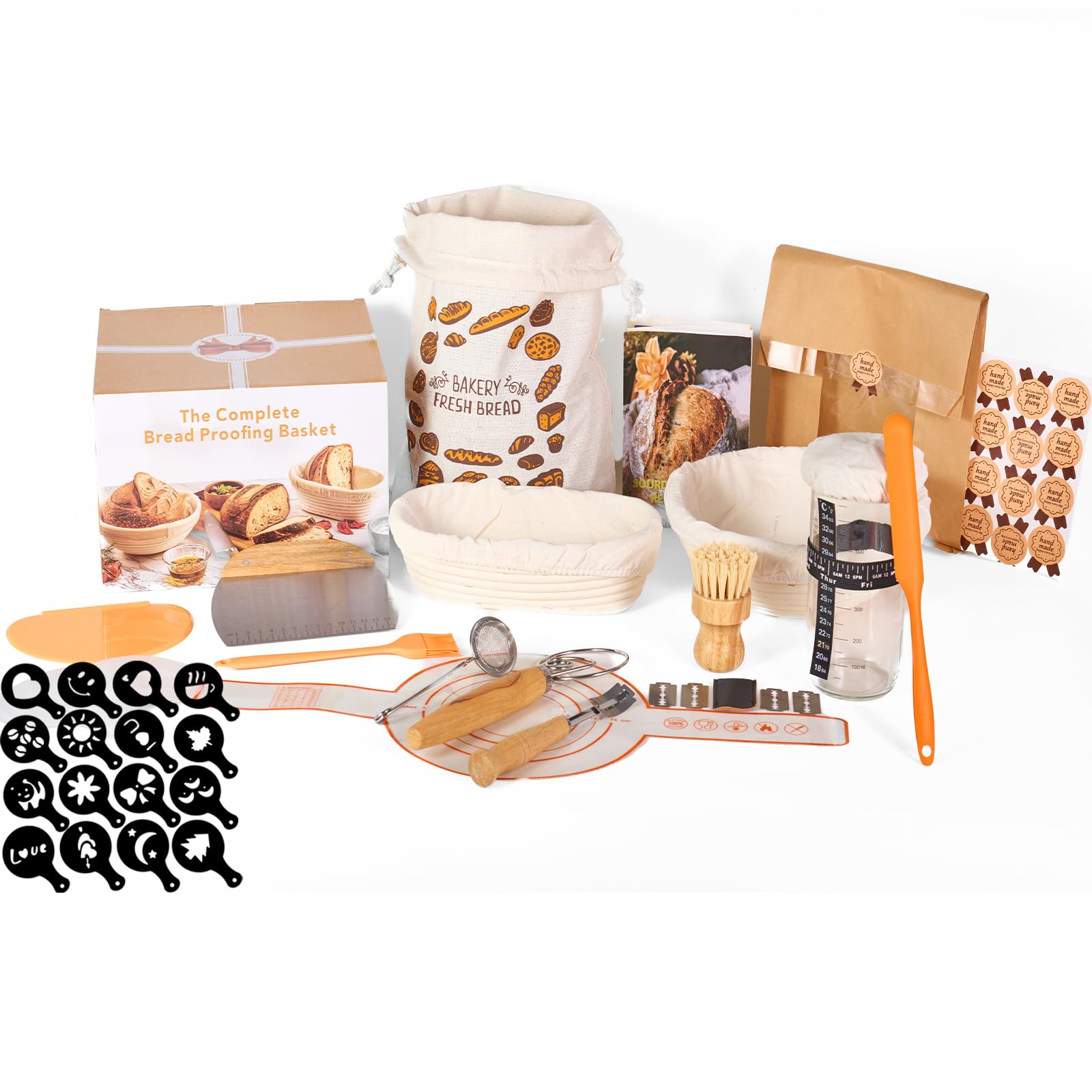 Complete sourdough baking kit with rattan proofing baskets starter jar whisk and tools and scoring and starter jar