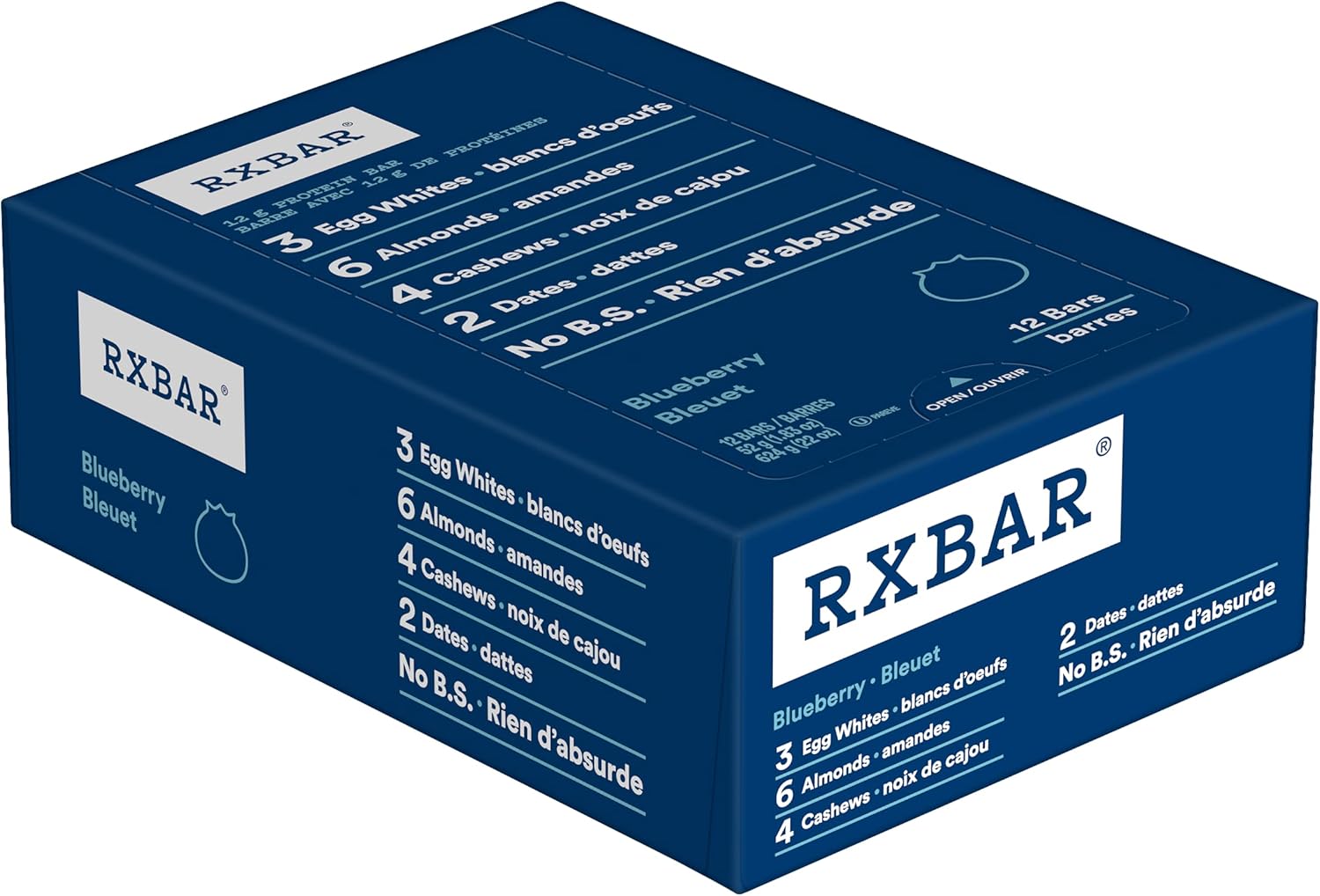 RXBAR blueberry protein bar in blue wrapper showing whole food ingredients like egg whites and dates — view 2