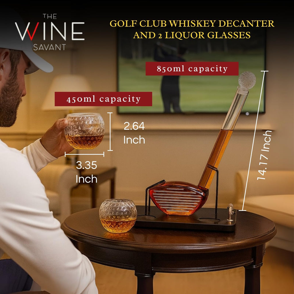 Crystal clear glass golf club shaped whiskey decanter set with two matching liquor tasting glasses — view 2