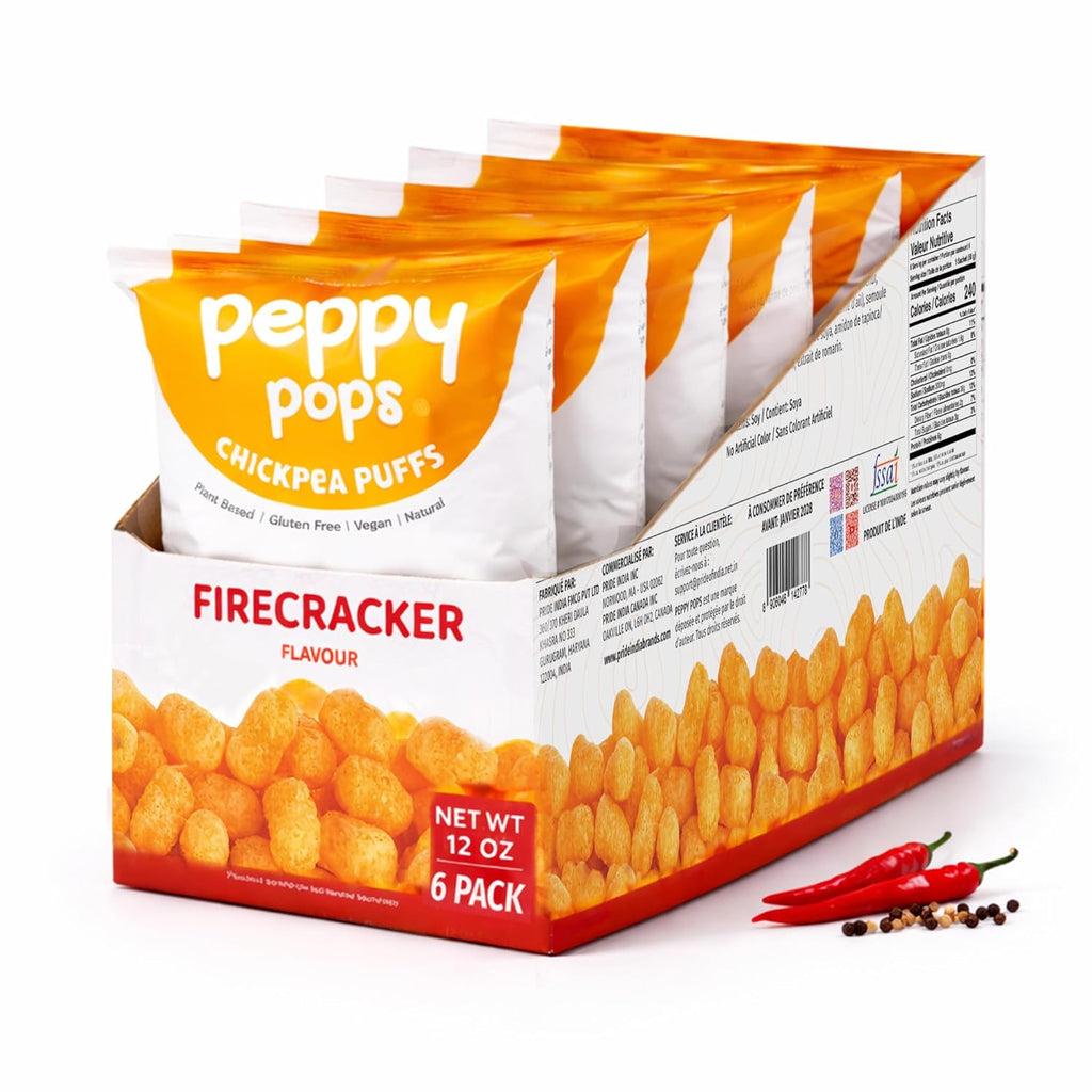 Peppy Pops chickpea puffs in firecracker flavor, six individual bags of spicy high protein savory snacks