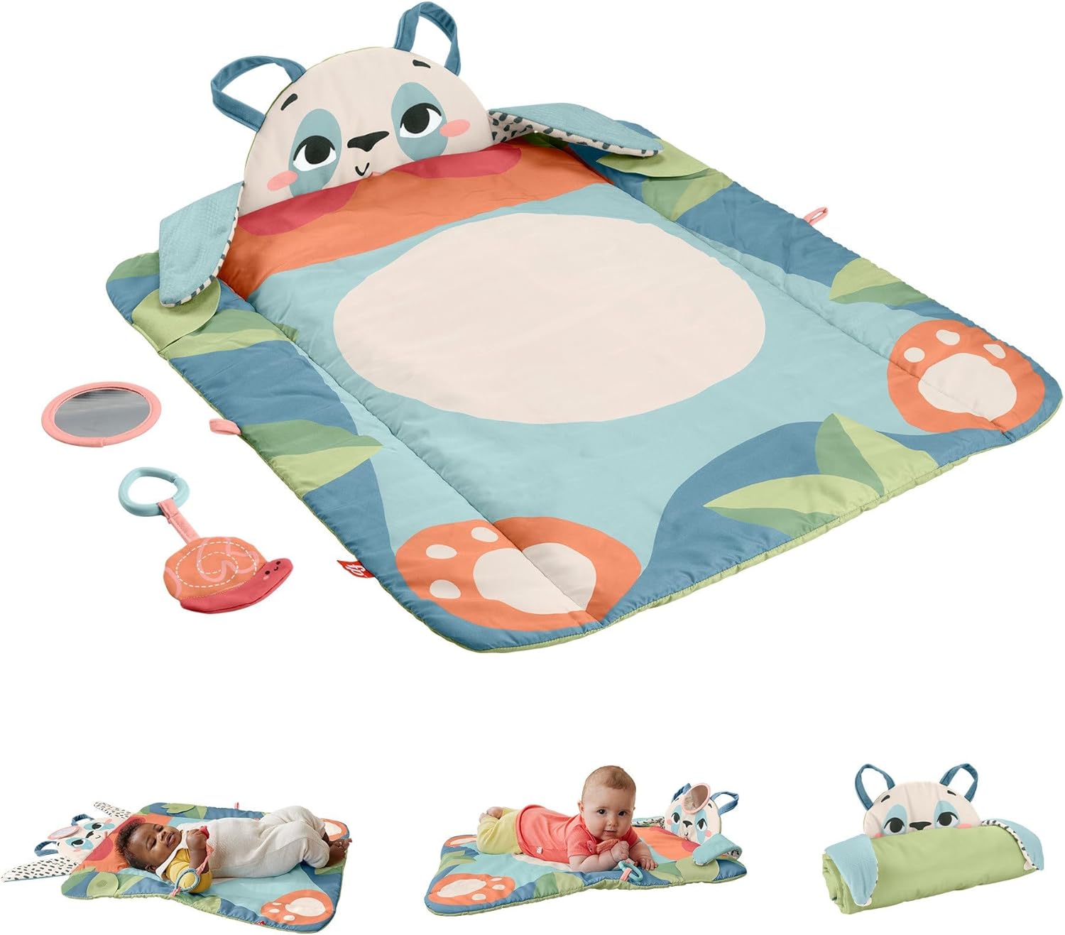 Fisher-Price Roly-Poly Panda play baby activity mat with high-contrast face and crinkle toy