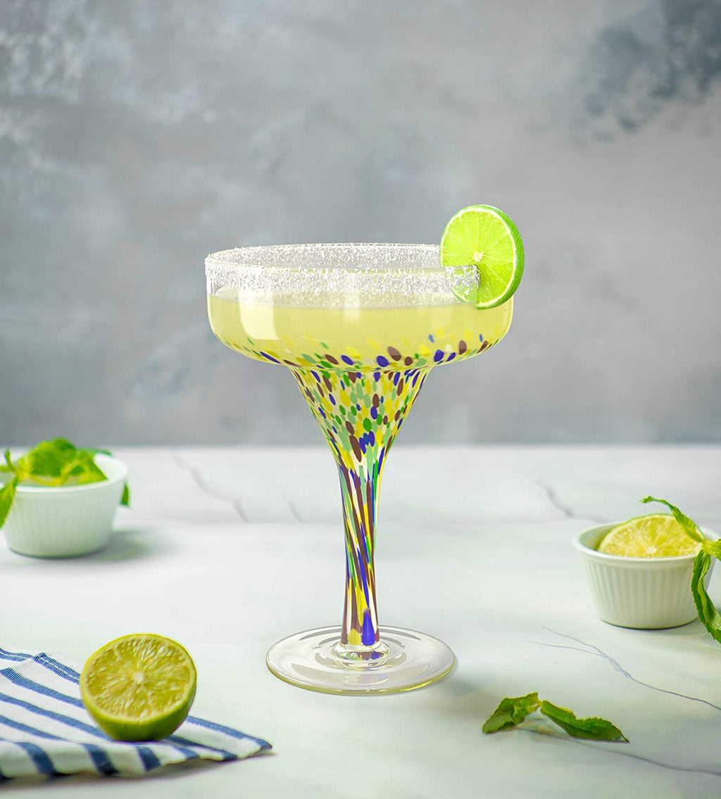 Hand blown confetti margarita glasses set of four with colorful Mexican design, 16 ounce — view 2