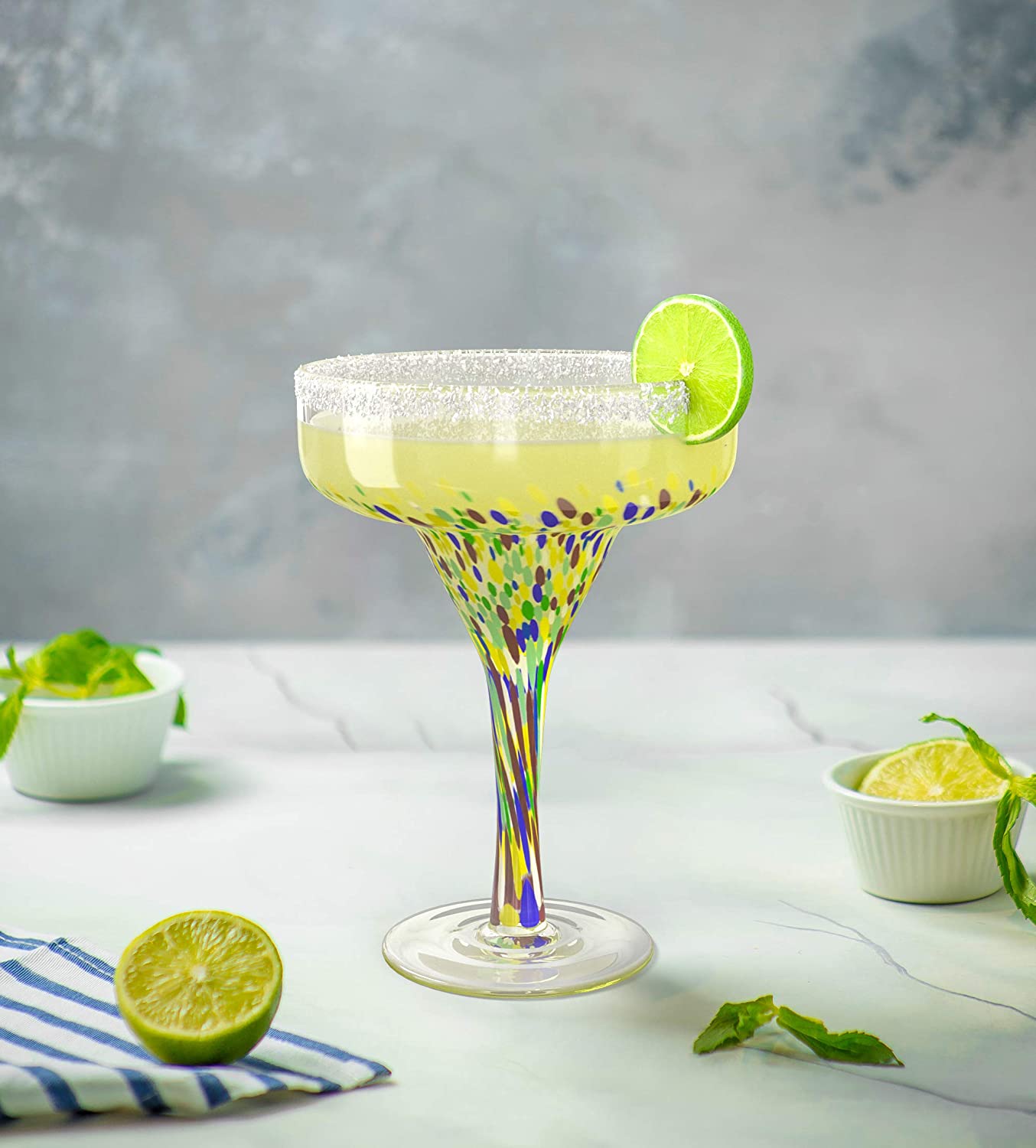 Hand blown confetti margarita glasses set of four with colorful Mexican design, 16 ounce — view 2