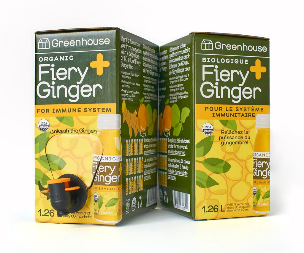 1.26 liter fiery ginger wellness shot in an eco friendly recyclable air tight liquid pouch container