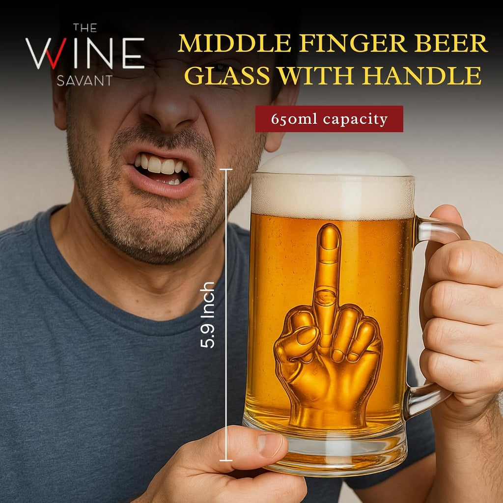 Clear 12oz novelty beer glass with a sturdy handle and a hidden middle finger design inside — view 3