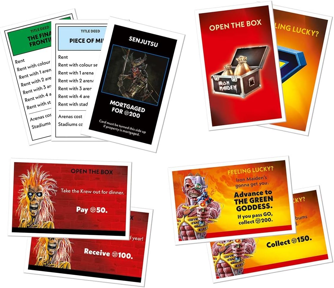 Monopoly Iron Maiden Edition board game with custom tokens, cards, and heavy metal artwork — view 5