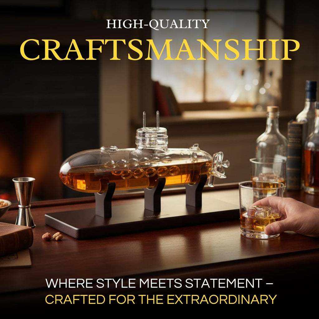 Submarine shaped whiskey decanter made of borosilicate crystal glass on a smooth wooden base. — view 5