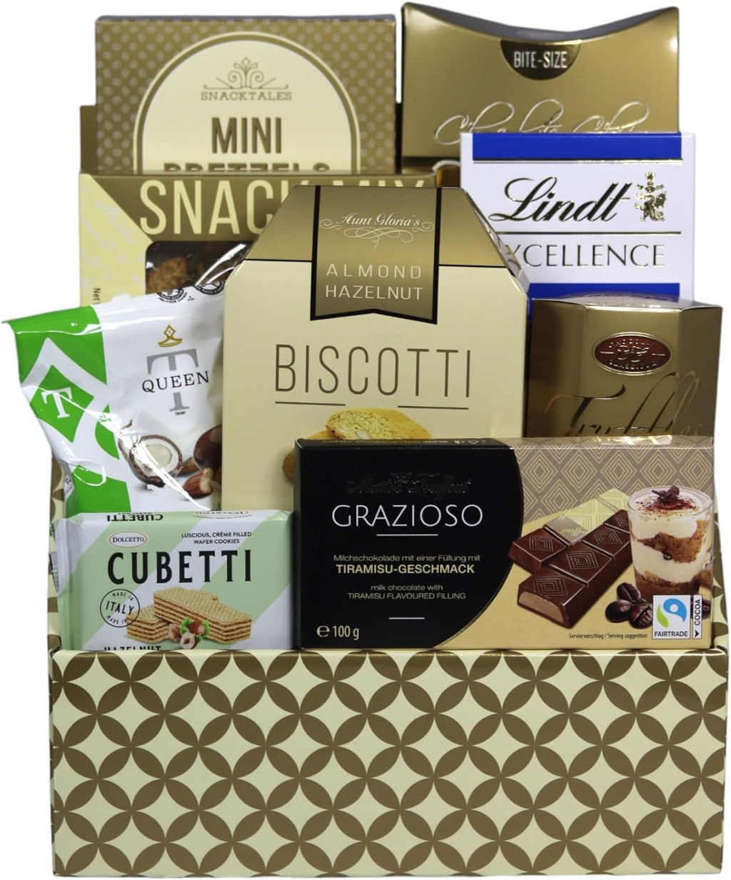 Deluxe gourmet snack and chocolate gift basket with truffles, pretzels, and biscotti in natural packaging