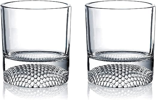 Golf ball whiskey glasses set of two clear tumblers with textured base design. — view 4
