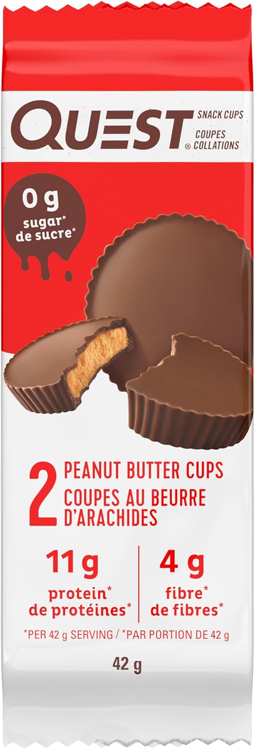 Box of twelve Quest peanut butter cups featuring high protein and low sugar nutritional labels. — view 3