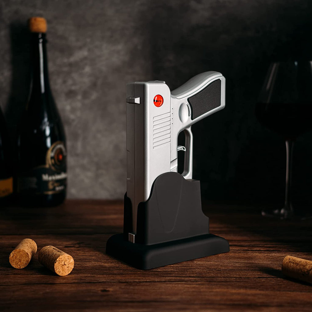 Silver electric pistol wine bottle opener in rechargeable holster dock base — view 2