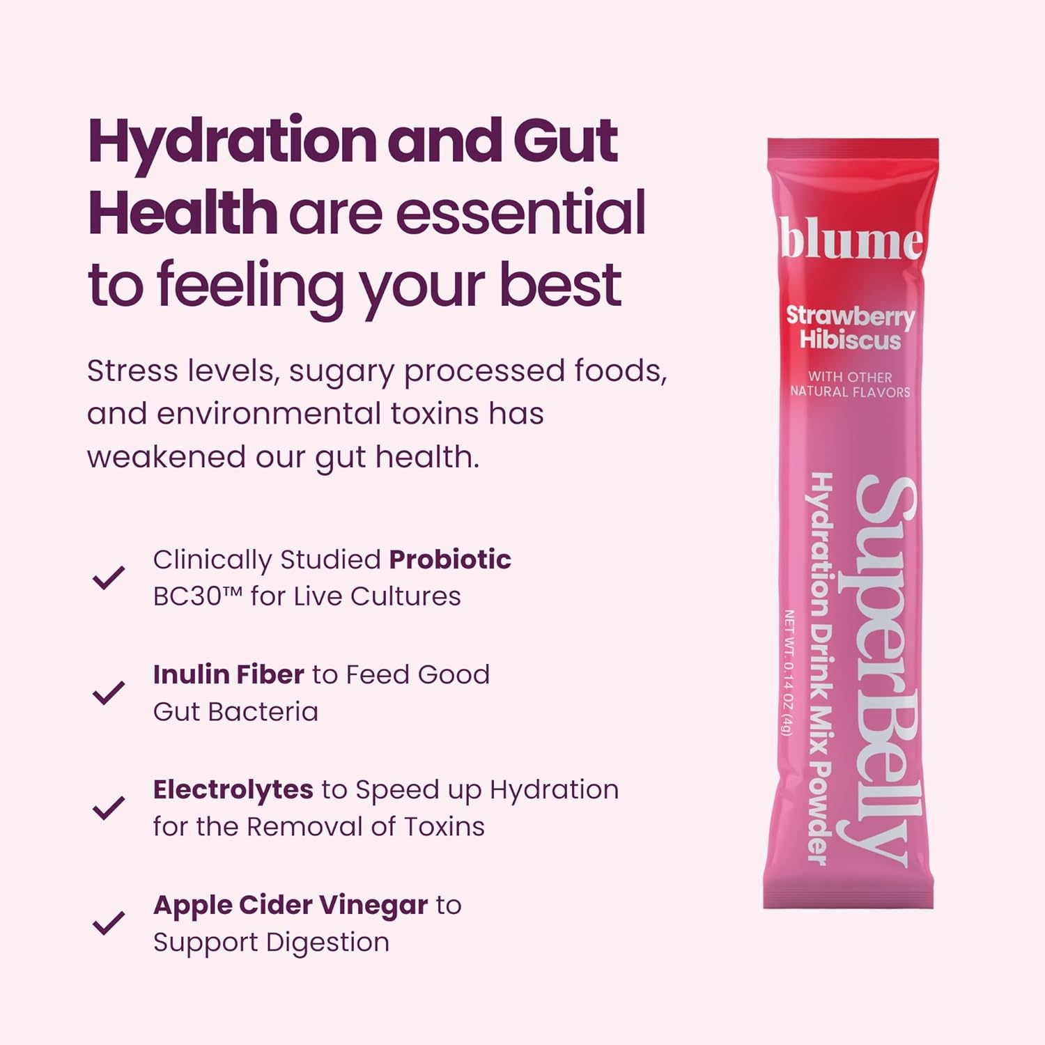 Blume Strawberry Hibiscus SuperBelly hydration packets, fifteen sticks of electrolyte drink mix. — view 3