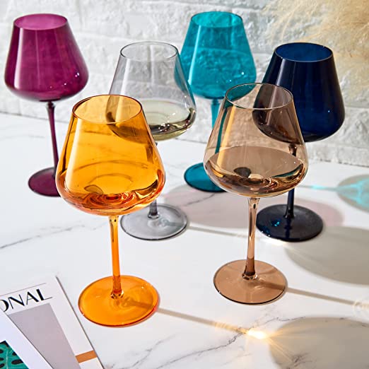 Six jewel colored 20oz stemmed wine glasses in butterscotch teal amethyst amber rose and blue — view 2