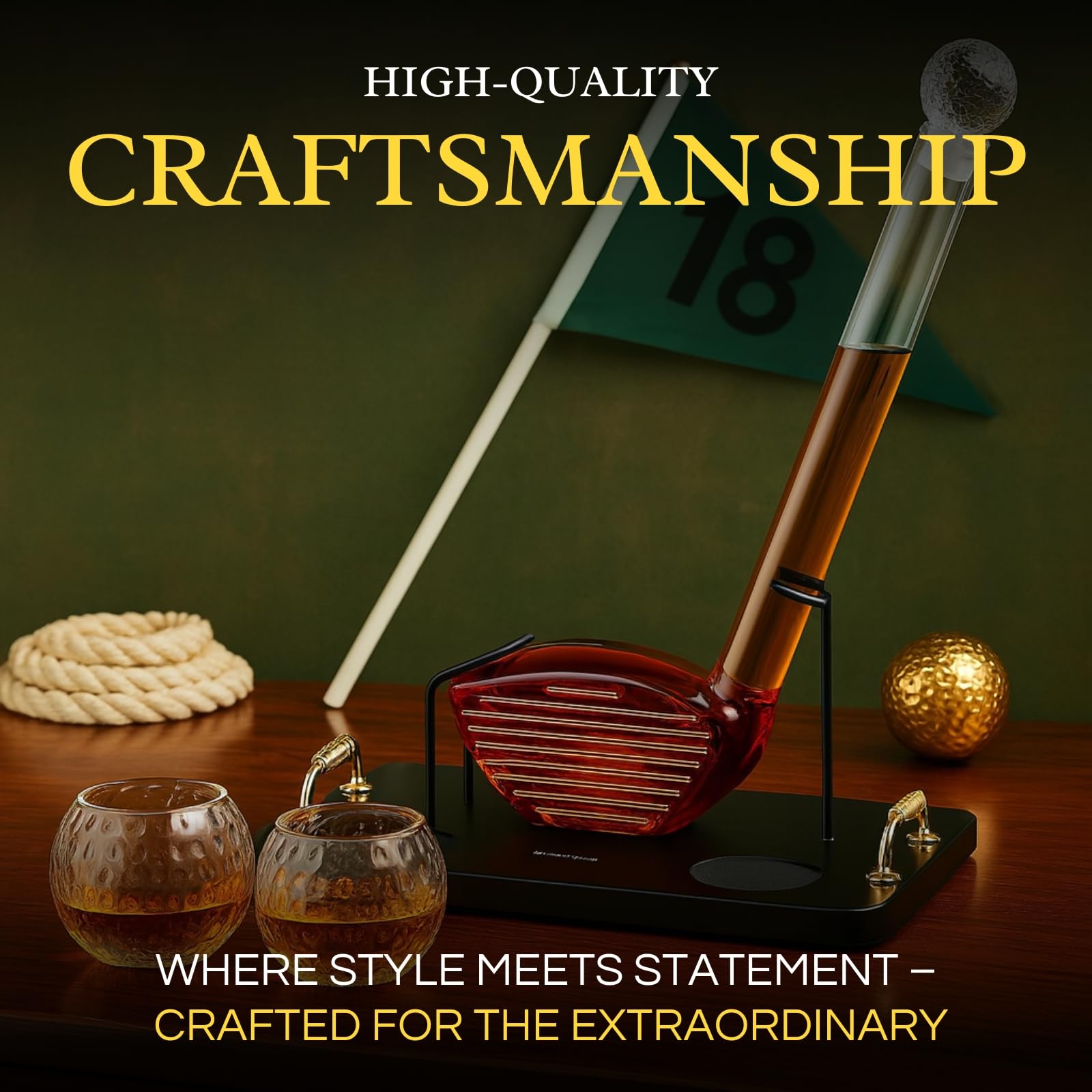 Crystal clear glass golf club shaped whiskey decanter set with two matching liquor tasting glasses — view 5