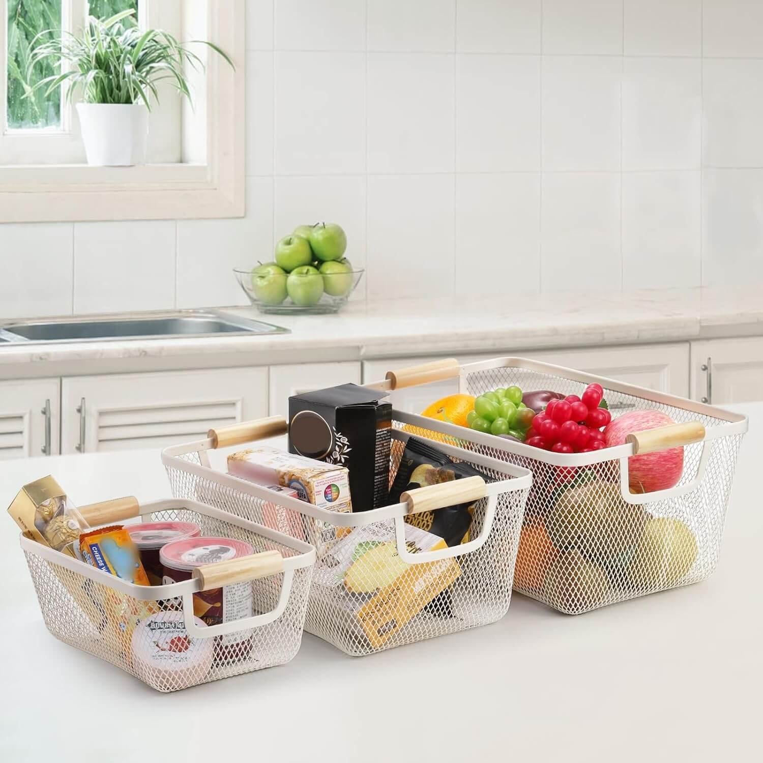 White steel mesh storage basket with foldable natural bamboo wooden handles for home organisation — view 3