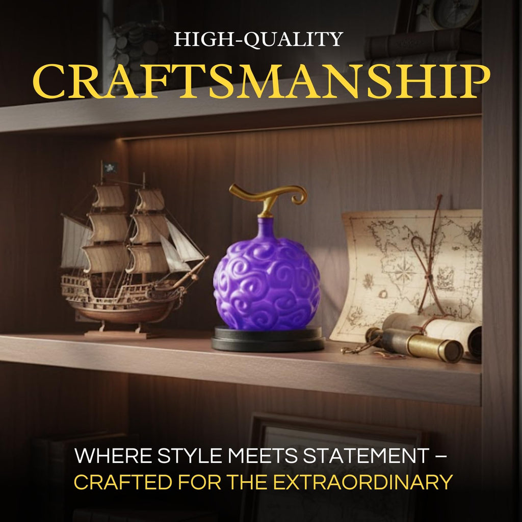 Purple devil fruit whiskey decanter with gold stem on a polished mahogany wood base — view 5
