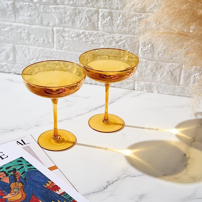 Sunset yellow coupe glasses with elegant gold rims and bubble texture for champagne and cocktails — view 2