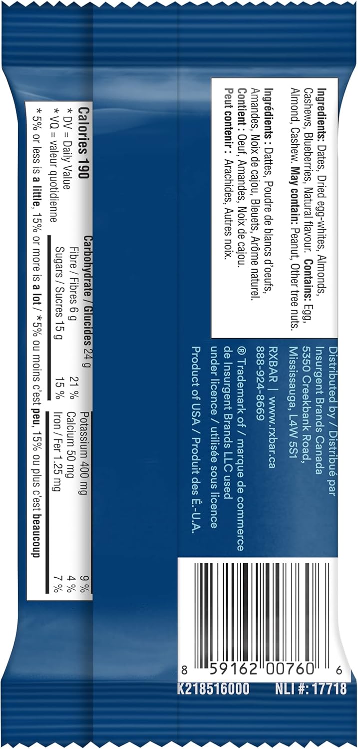 RXBAR blueberry protein bar in blue wrapper showing whole food ingredients like egg whites and dates — view 4