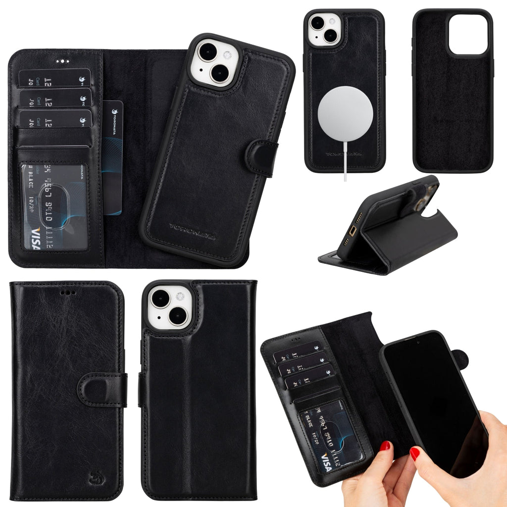 Genuine leather iPhone 15 Plus wallet case featuring a detachable MagSafe back cover and card slots